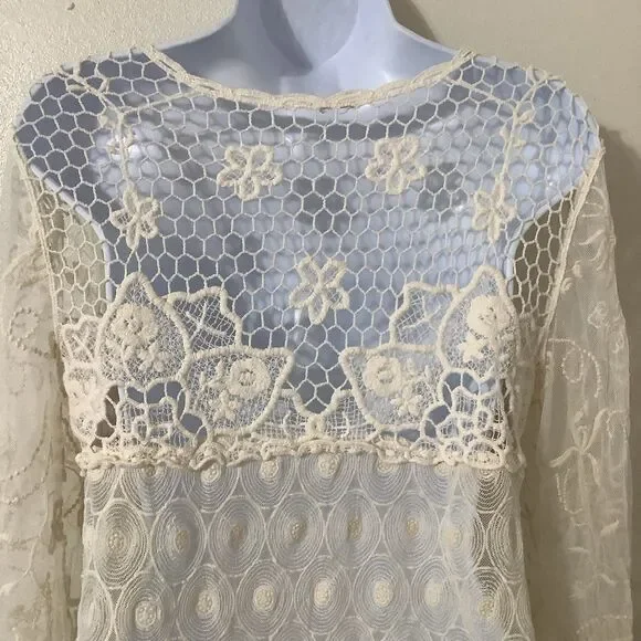 Cream Sheer Lace Crochet Fairycore Fairy Bohemian Hippie Boho Lagenlook Top M - Picture 5 of 7
